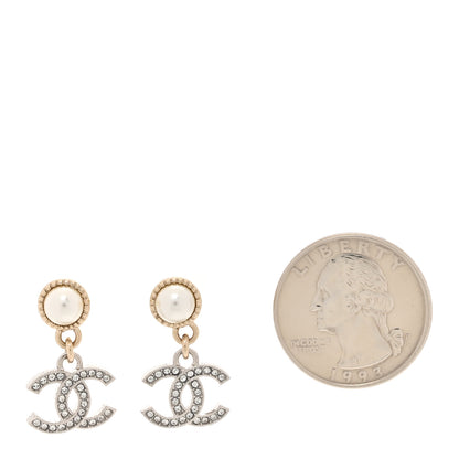 Chanel Crystal Pearl CC Drop Earrings Silver Pearly White 2 of 5