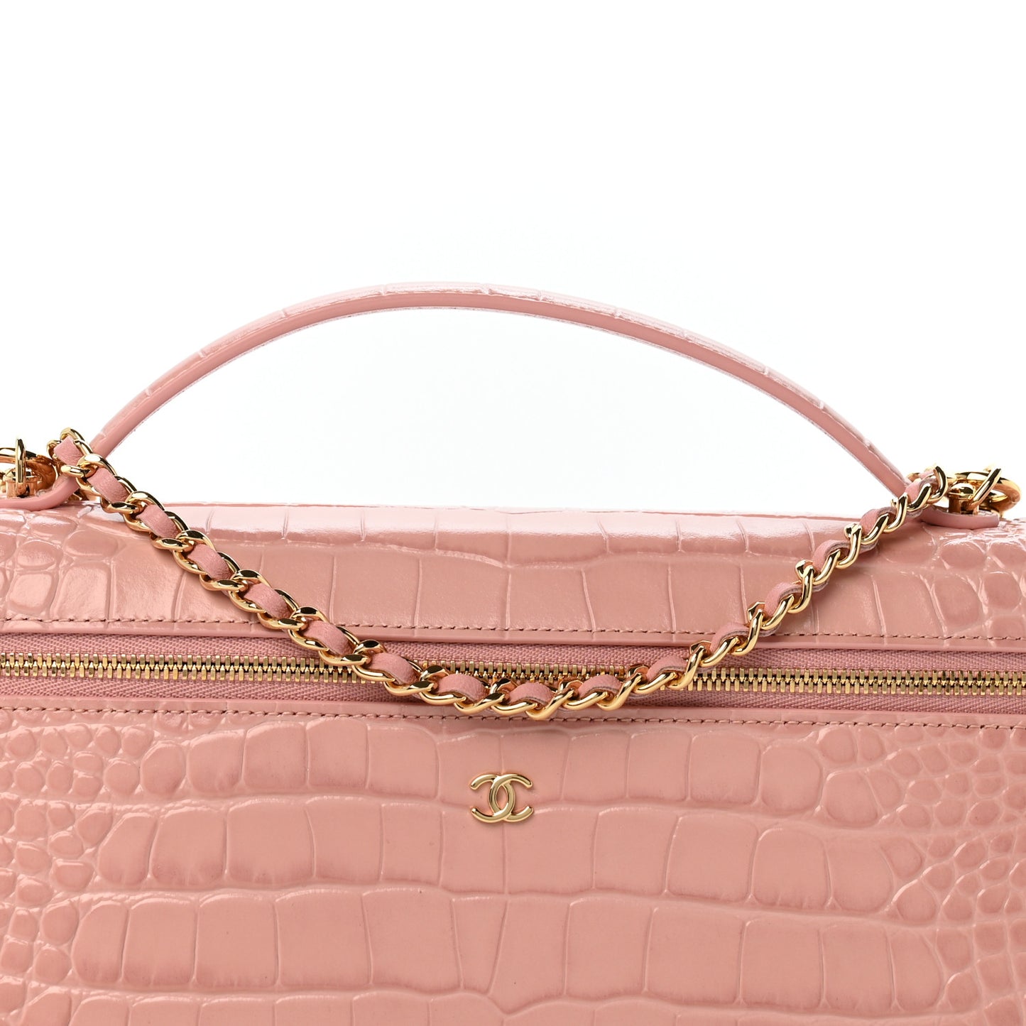 Calfskin Crocodile Embossed Crococo Top Handle East West Vanity Case With Chain Pink