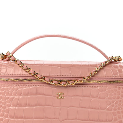 Chanel Calfskin Crocodile Embossed Crococo Top Handle East West Vanity Case With Chain Pink 8 of 11
