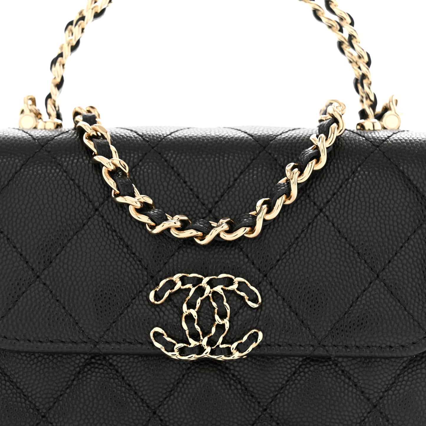 Caviar Quilted Double Chain Top Handle Flap With Chain Black