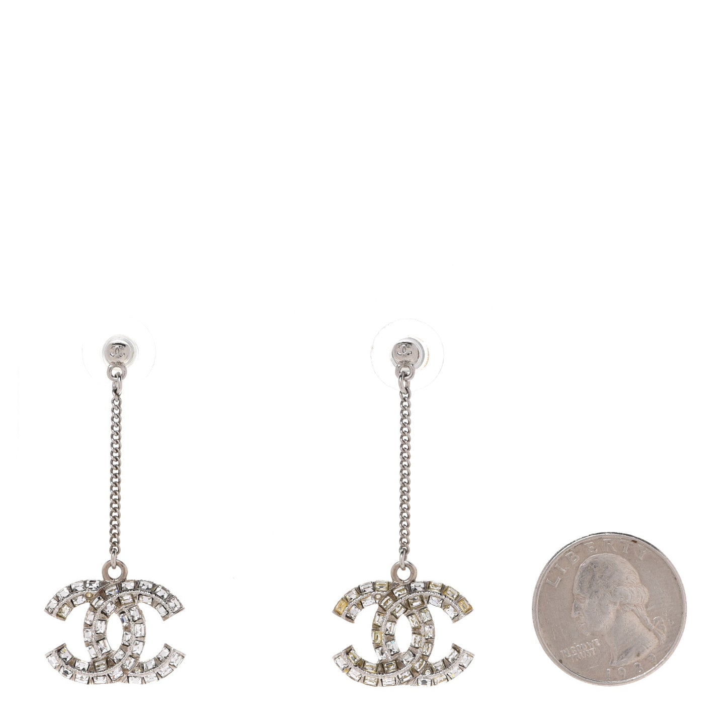 Baguette Crystal CC Drop Earrings Silver