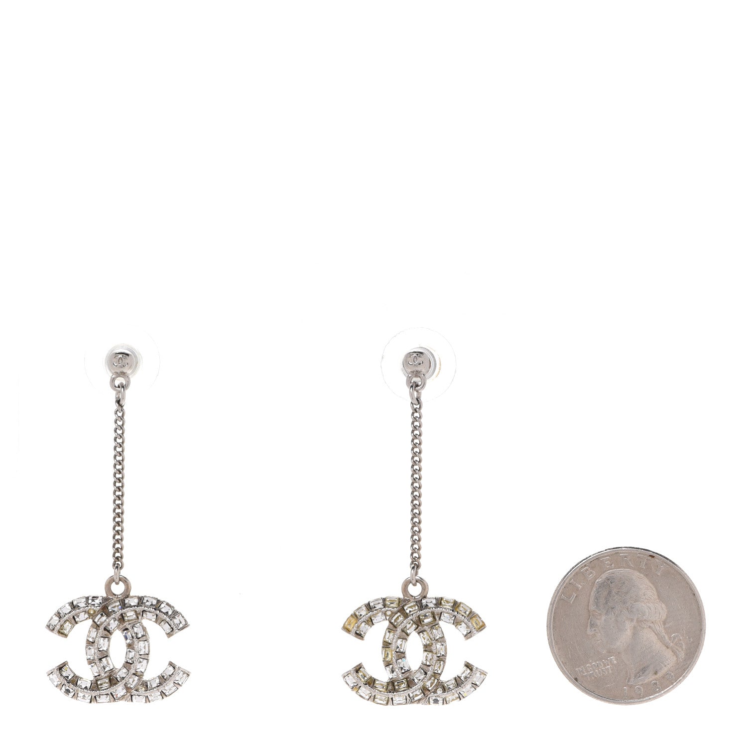 Chanel Baguette Crystal CC Drop Earrings Silver 2 of 4