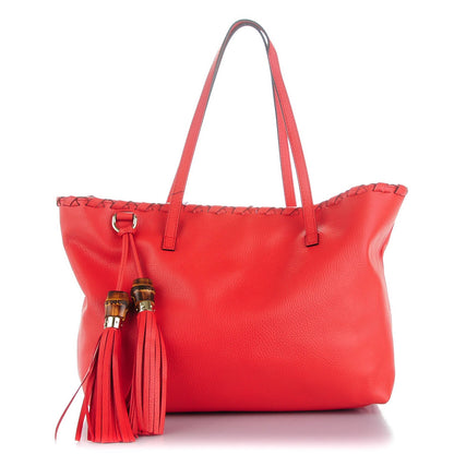 Gucci Pebbled Calfskin Bamboo Tassel Tote Red 1 of 7