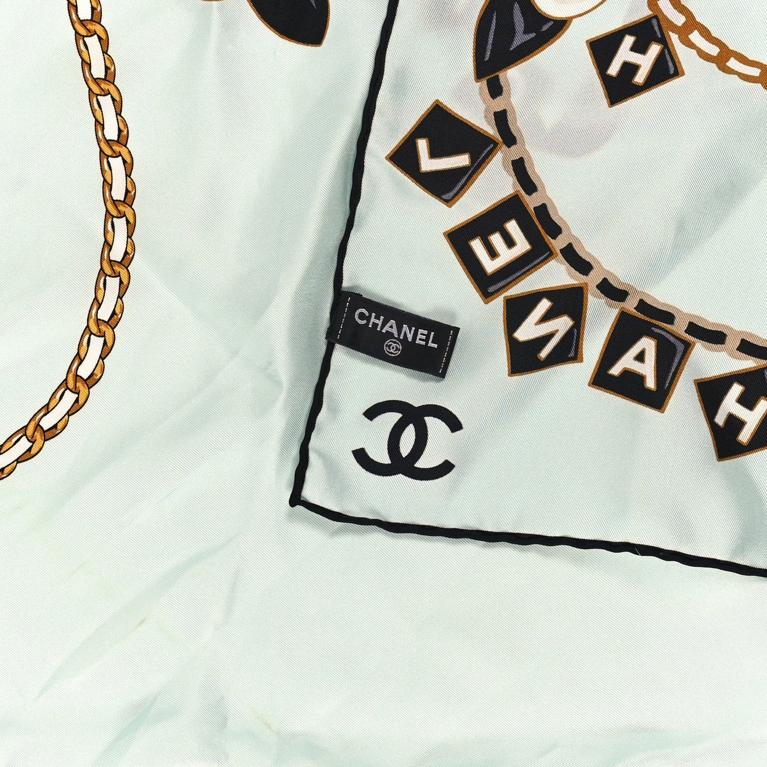 Chanel Silk Camellia CC Charms Square Scarf Light Blue Black 3 of 3