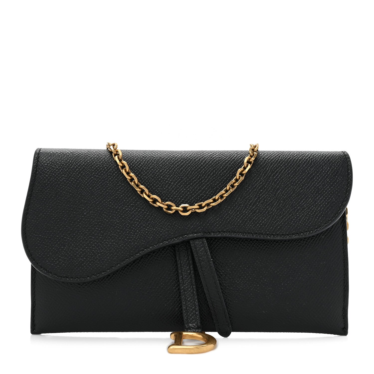 Christian Dior Grained Calfskin Saddle Chain Wallet Pouch Black 1 of 13