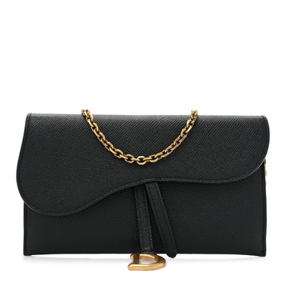 Christian Dior Grained Calfskin Saddle Chain Wallet Pouch Black 1 of 13