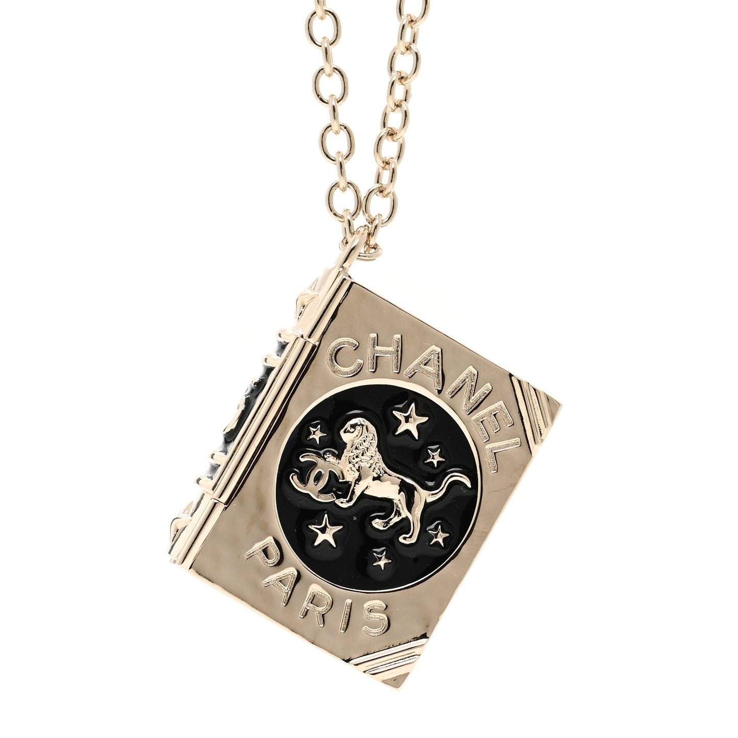 Metal CC Lion Book Locket Necklace Gold