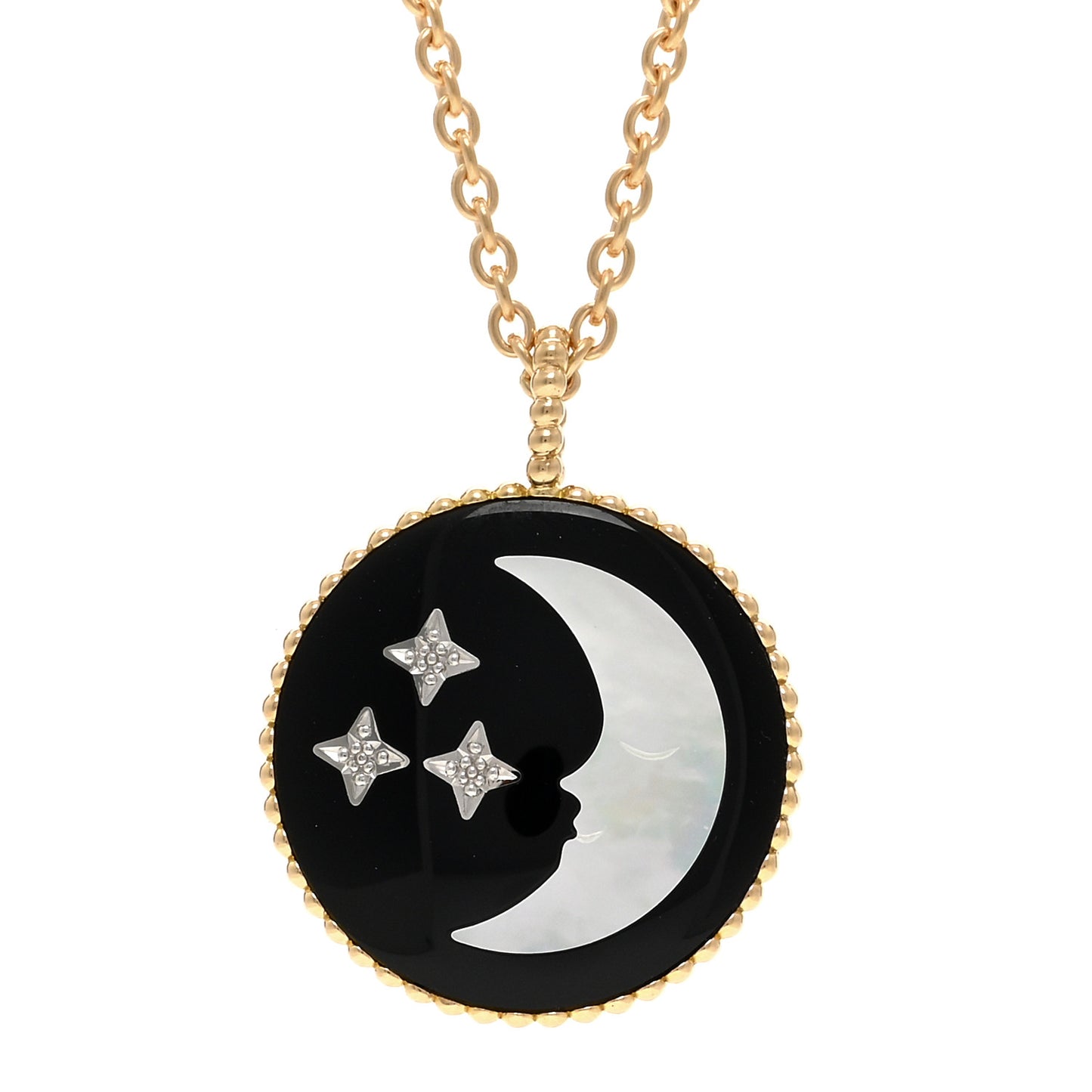 18K Yellow White Gold Diamond Black Onyx Mother of Pearl Rose Celeste Medallion Pendant Necklace