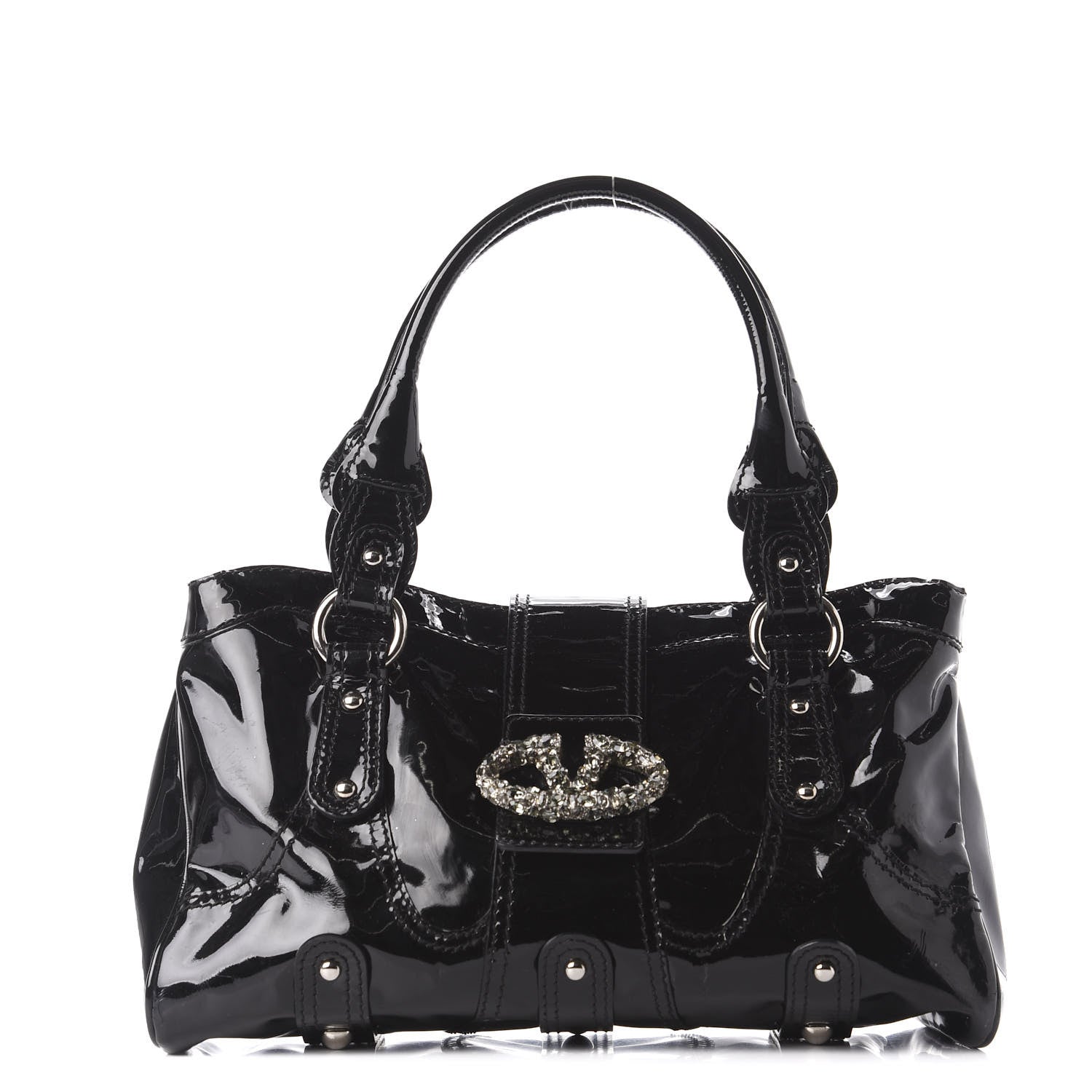 Valentino Garavani Patent Crystal Catch Satchel Black 1 of 9