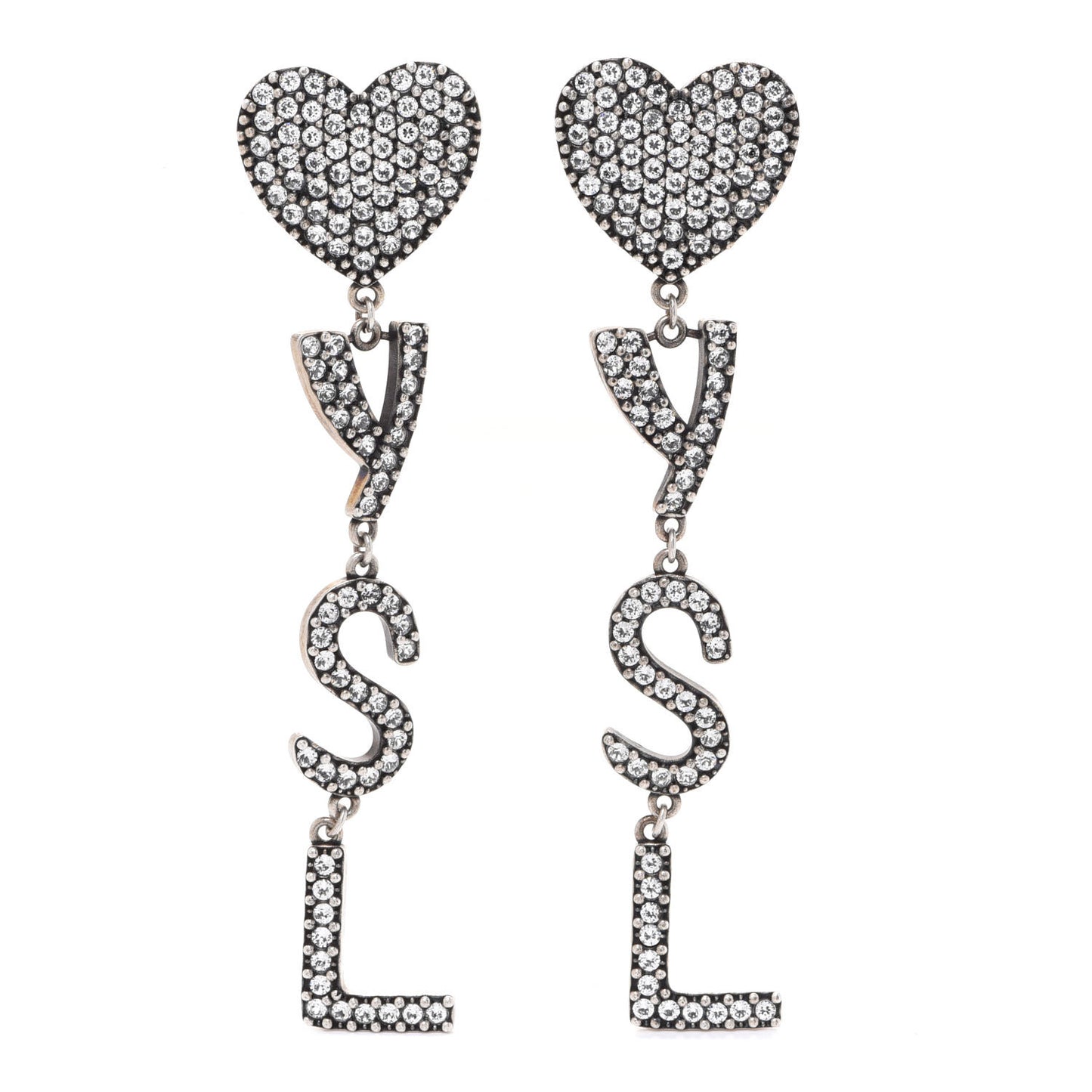 Brass Crystal Monogram Heart Drop Clip Earrings Silver