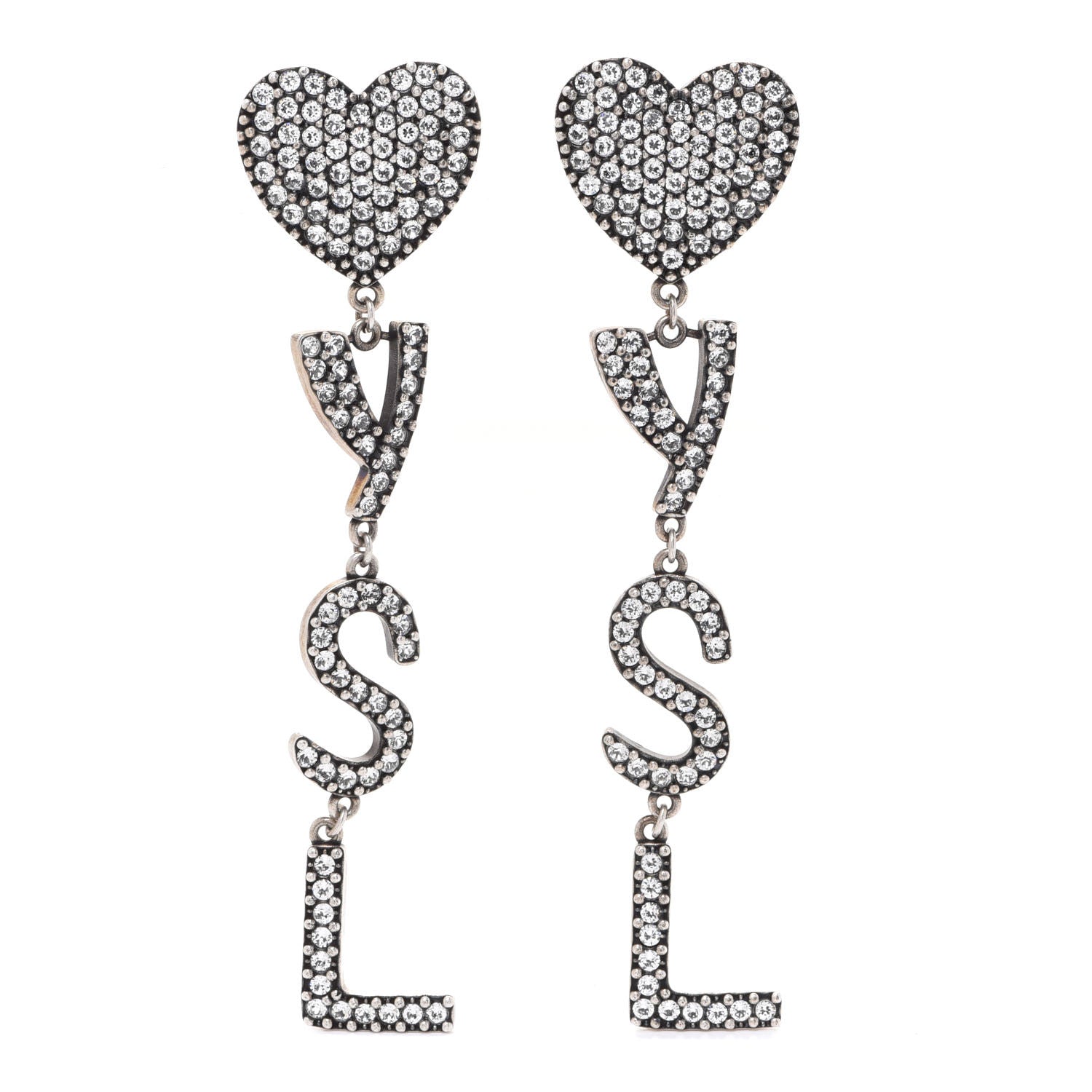 Saint Laurent Brass Crystal Monogram Heart Drop Clip Earrings Silver 1 of 4