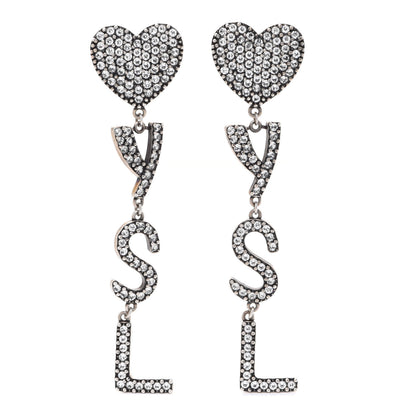 Saint Laurent Brass Crystal Monogram Heart Drop Clip Earrings Silver 1 of 4