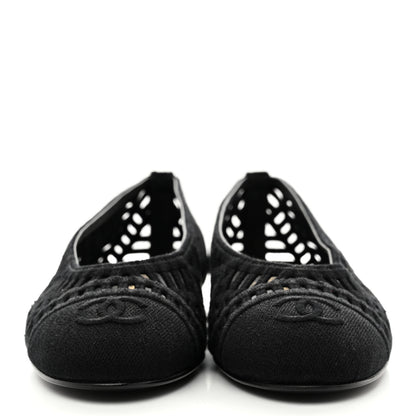 Chanel Cotton Embroidered Cap Toe Ballet Flats 38.5 Black 3 of 8