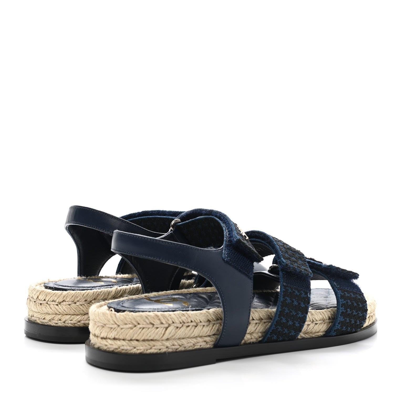Chanel Tweed Lambskin Velcro Dad Sandals 37 Navy Black 4 of 8