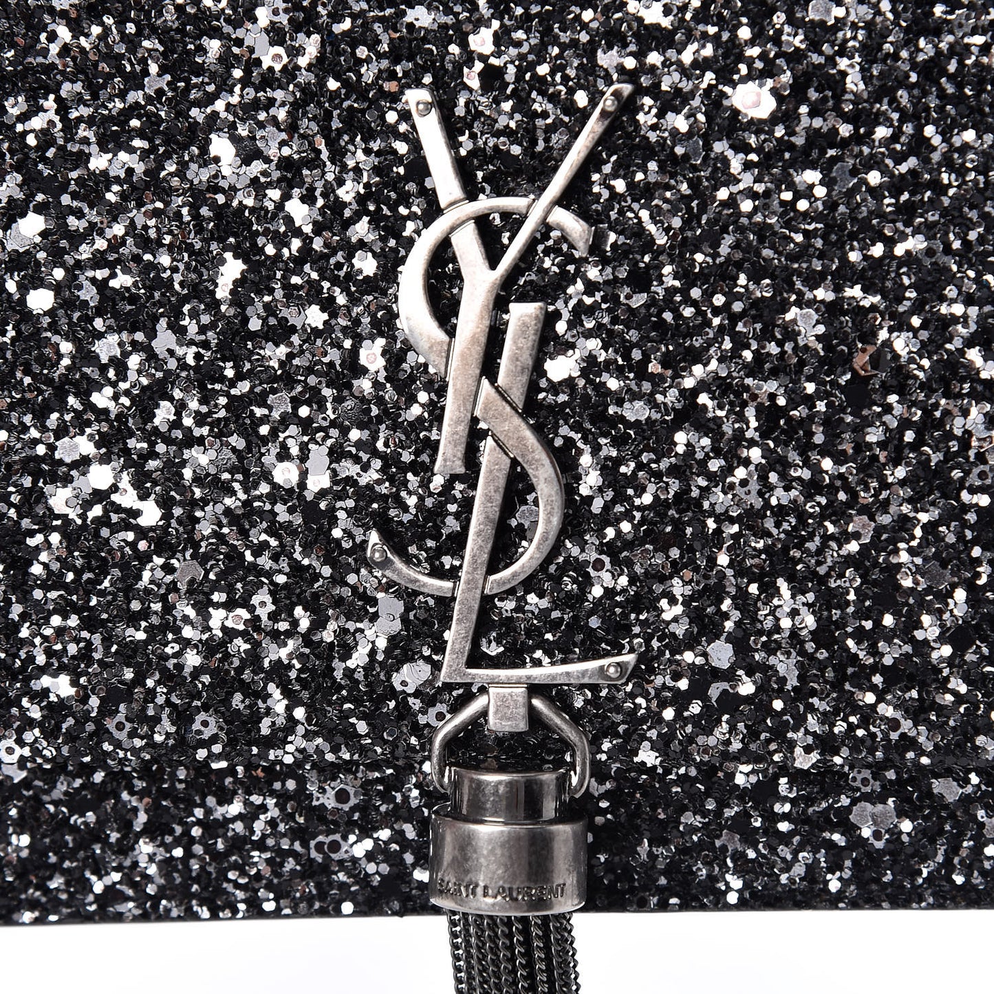 Metallic Glitter Classic Monogram Kate Tassel Chain Wallet Gun Metal Black