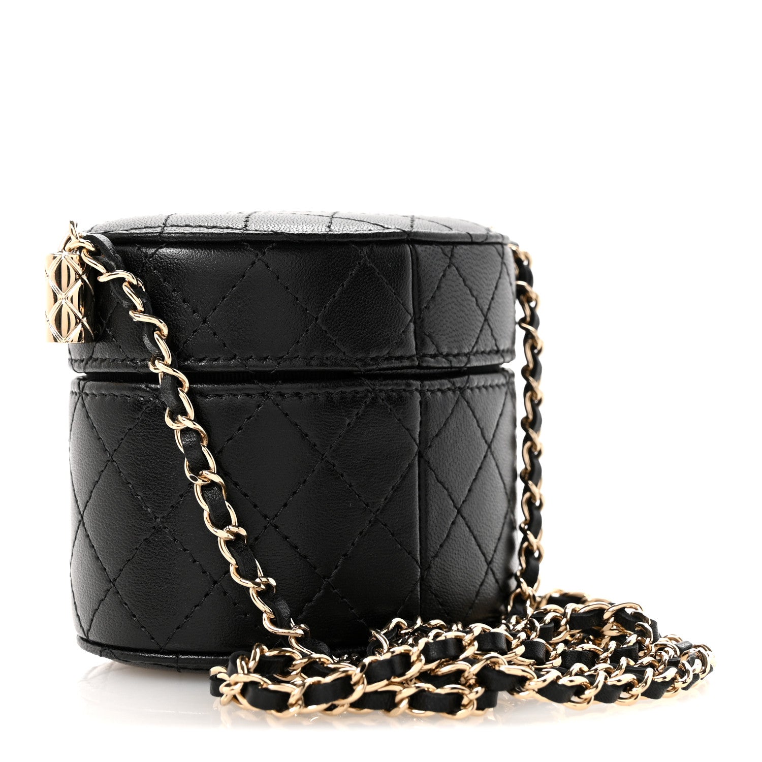 Chanel Lambskin Quilted Mini Round Vanity Case With Chain Black 3 of 12