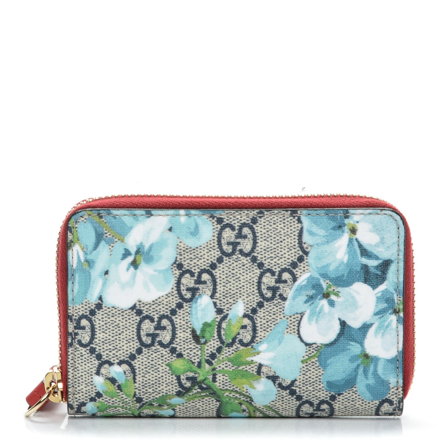 GG Supreme Monogram Blooms Zip Around Card Case Wallet Beige Blue Navy Hibiscus Red