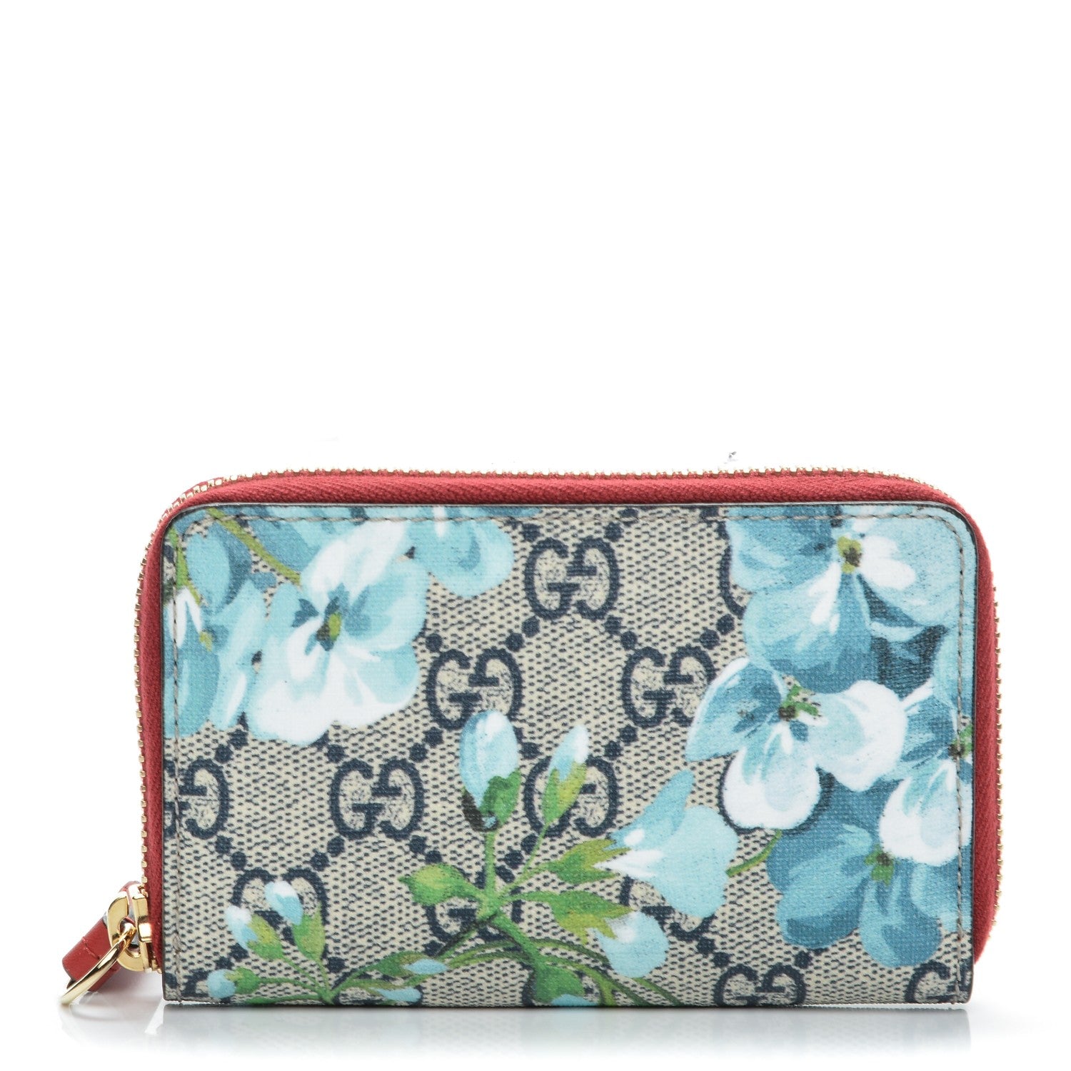 Gucci GG Supreme Monogram Blooms Zip Around Card Case Wallet Beige Blue Navy Hibiscus Red 1 of 6