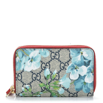 Gucci GG Supreme Monogram Blooms Zip Around Card Case Wallet Beige Blue Navy Hibiscus Red 1 of 6