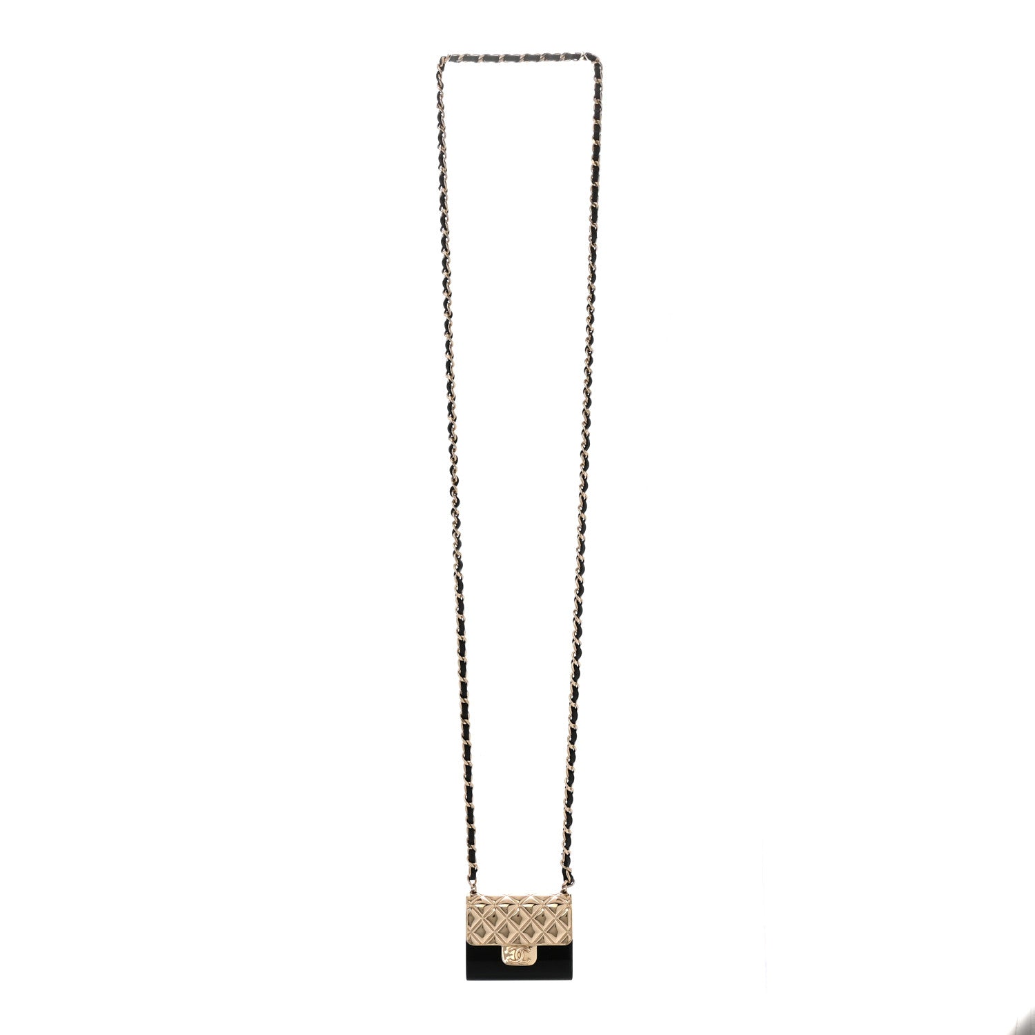 Chanel Metal Resin Lambskin Flap Bag Long Necklace Gold Black 3 of 6