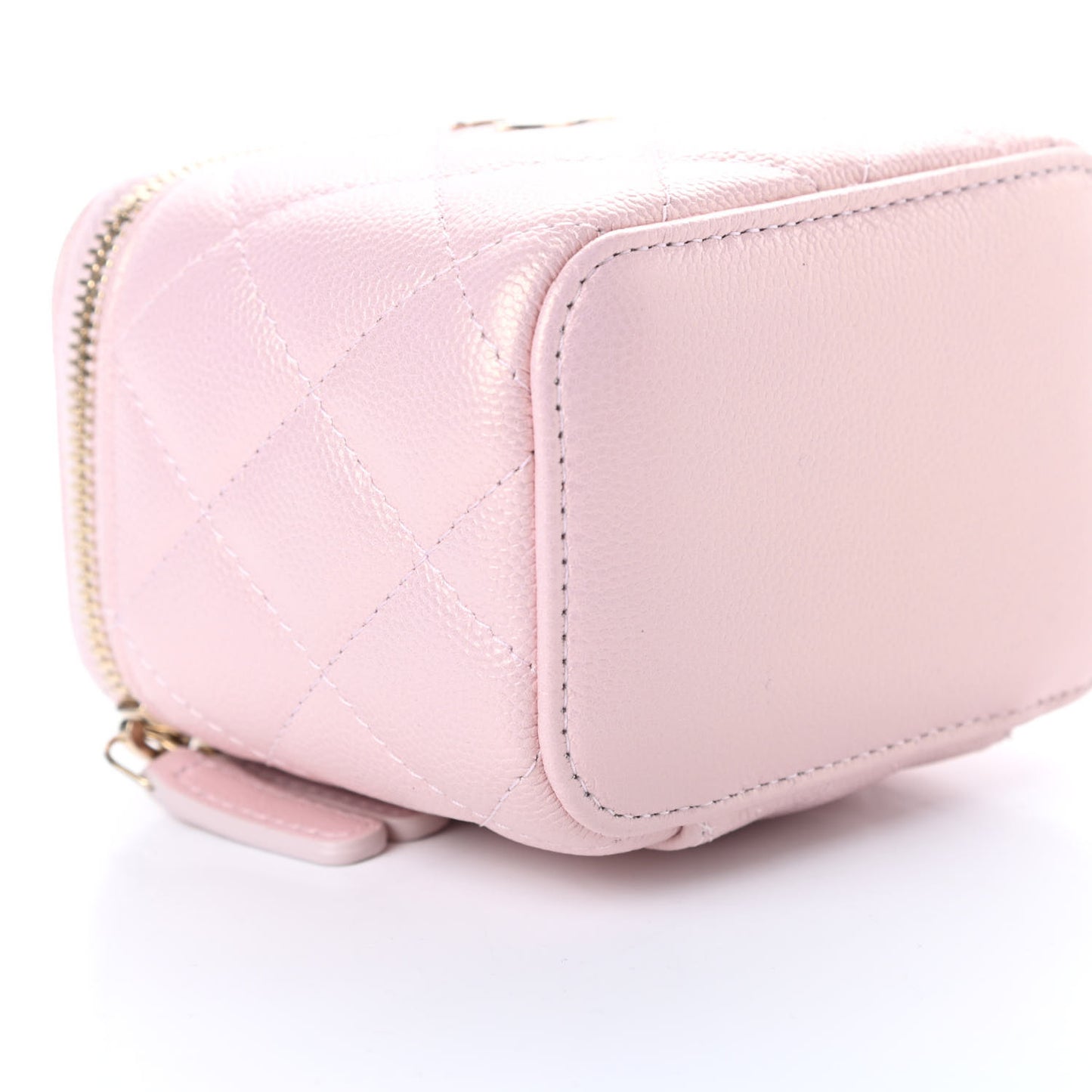 Iridescent Caviar Quilted Mini Pearl On Top Vanity Case With Chain Light Pink