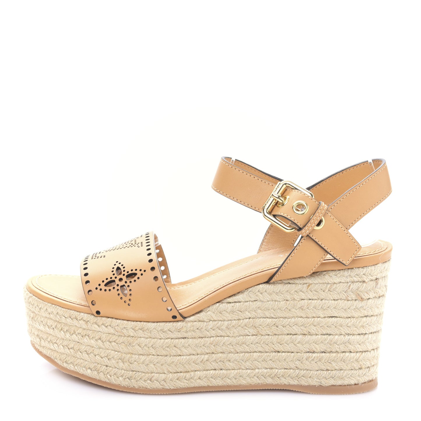 Calfskin Monogram Espadrille Wedge Sandals 37 Brown