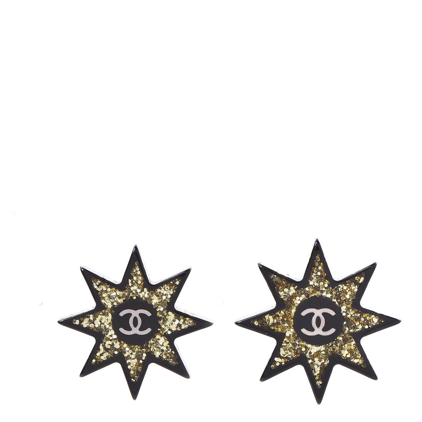 Resin Metal CC Star Earrings Black Gold