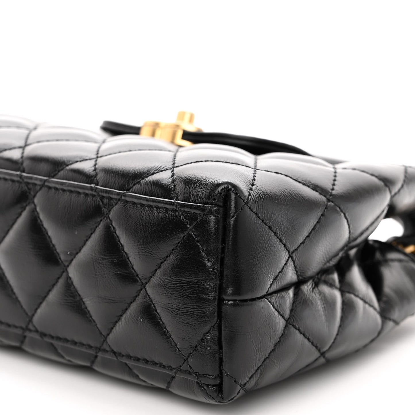 Shiny Aged Calfskin Quilted Nano Kelly Shopper Black