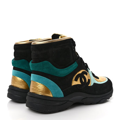 Chanel Suede Calfskin Fabric CC High Top Sneakers 40 Black Turquoise Gold 4 of 8