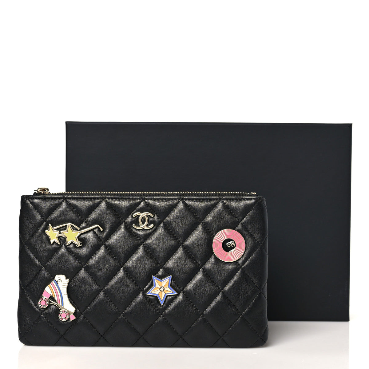 Lambskin Quilted Hollywood Charms Cosmetic Case Black