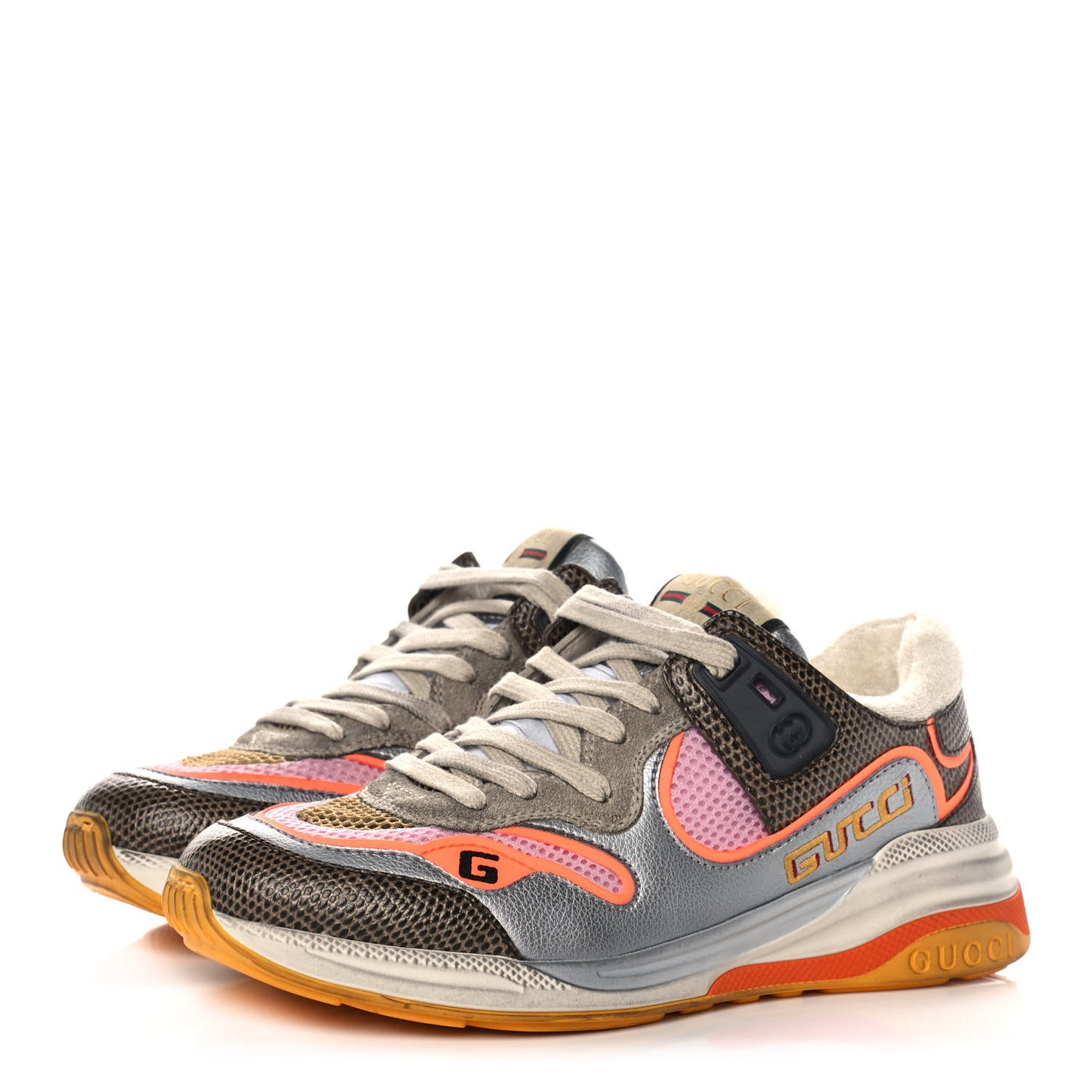 Calfskin Suede Mesh Lizard Embossed Womens Ultrapace Sneakers 36 Silver Anthracite Neon Orange