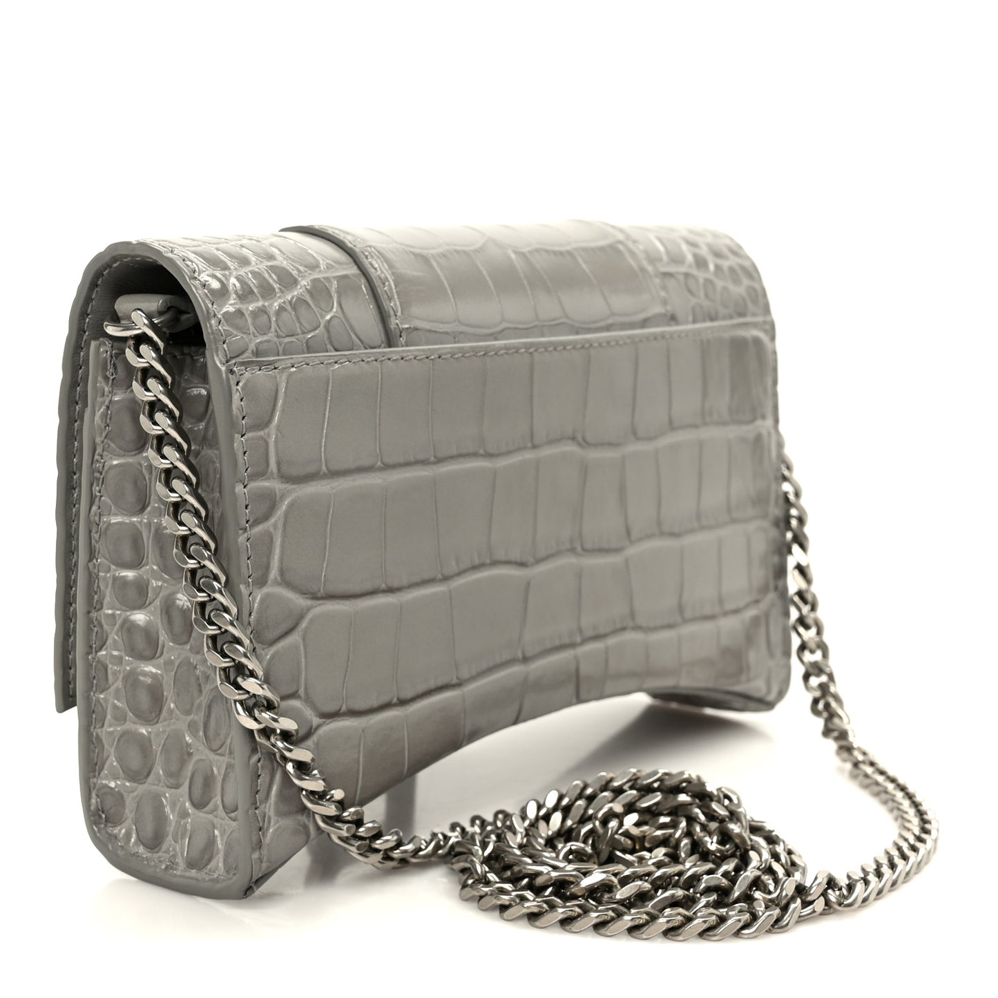 Shiny Calfskin Crocodile Embossed Hourglass Chain Bag Balenciaga Steel Grey