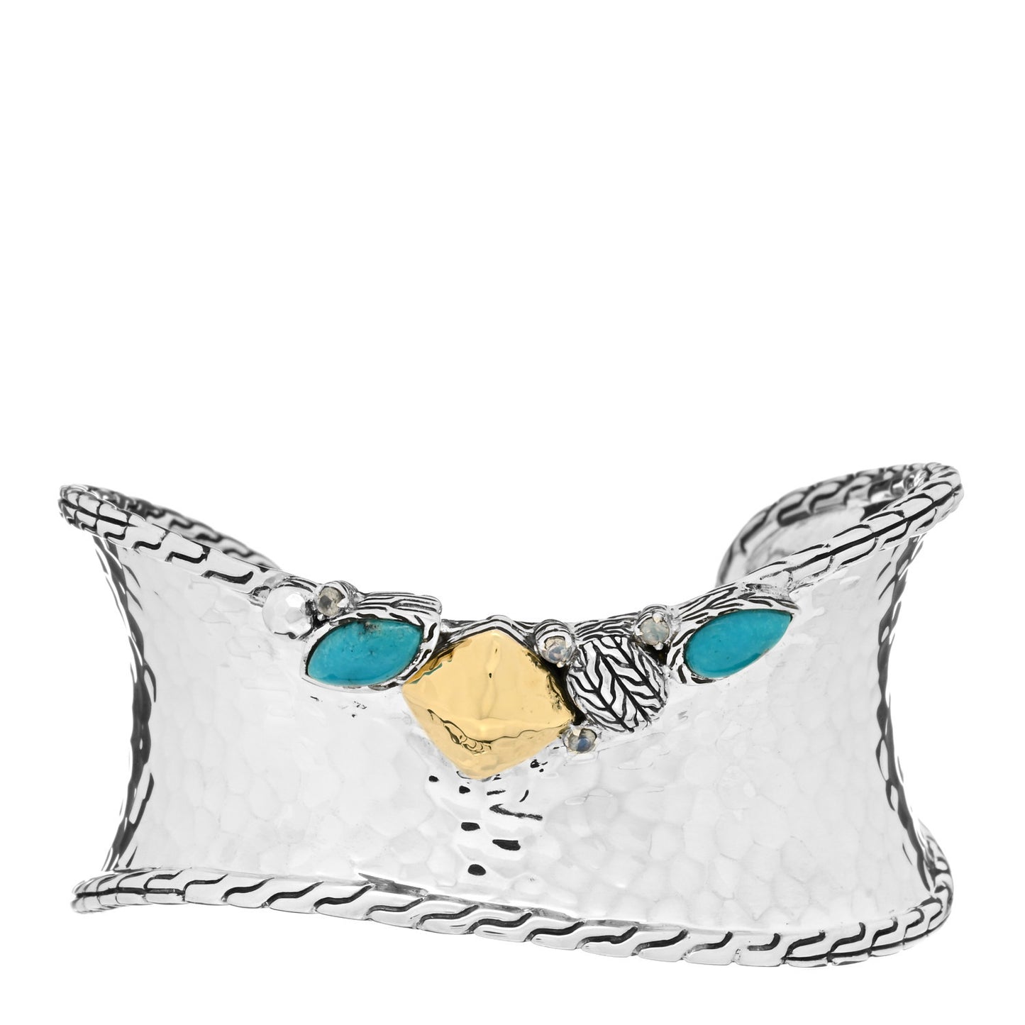 Sterling Silver 18K Yellow Gold Turquoise Rainbow Moonstone Classic Chain Hammered Cuff Bracelet
