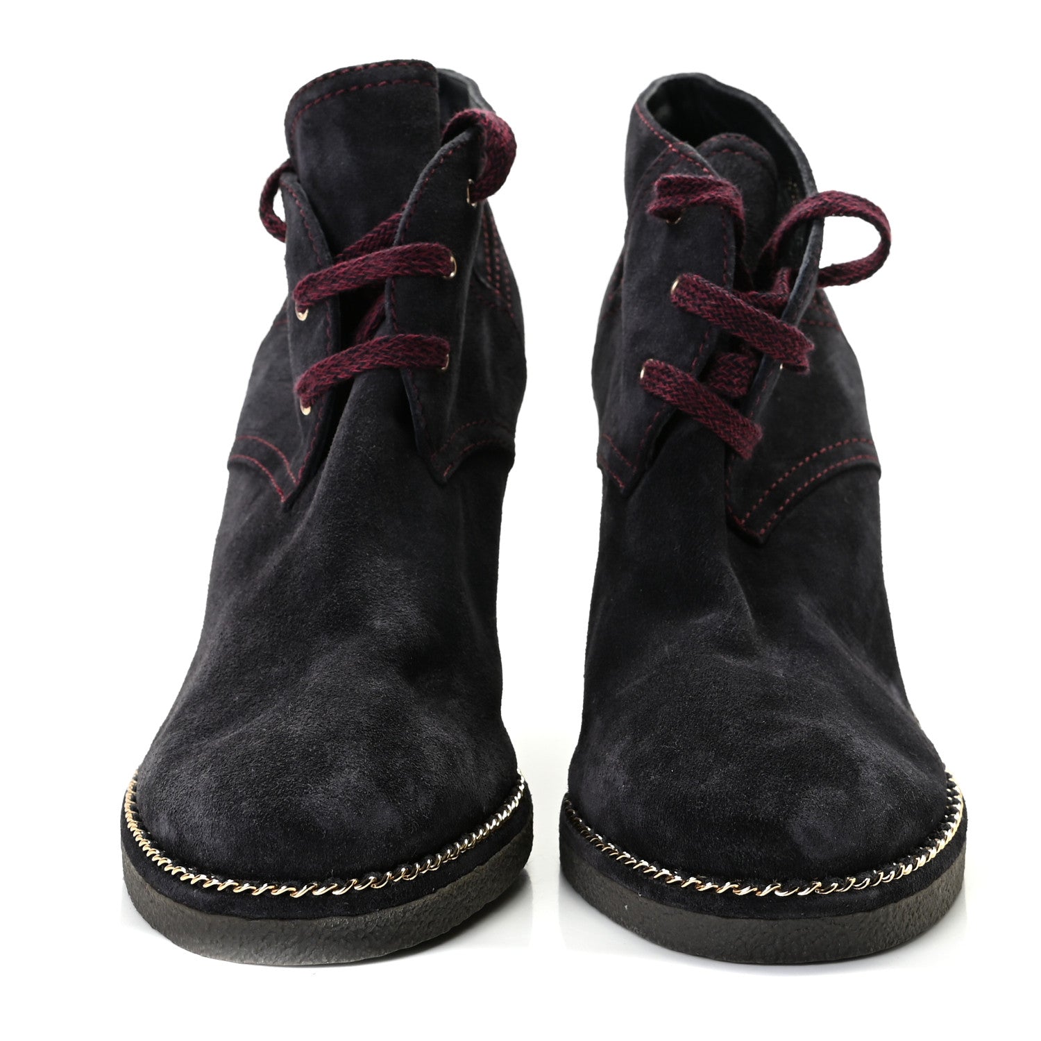 Chanel Suede Calfskin Lace Up Wedge Booties 39.5 Dark Blue 5 of 7