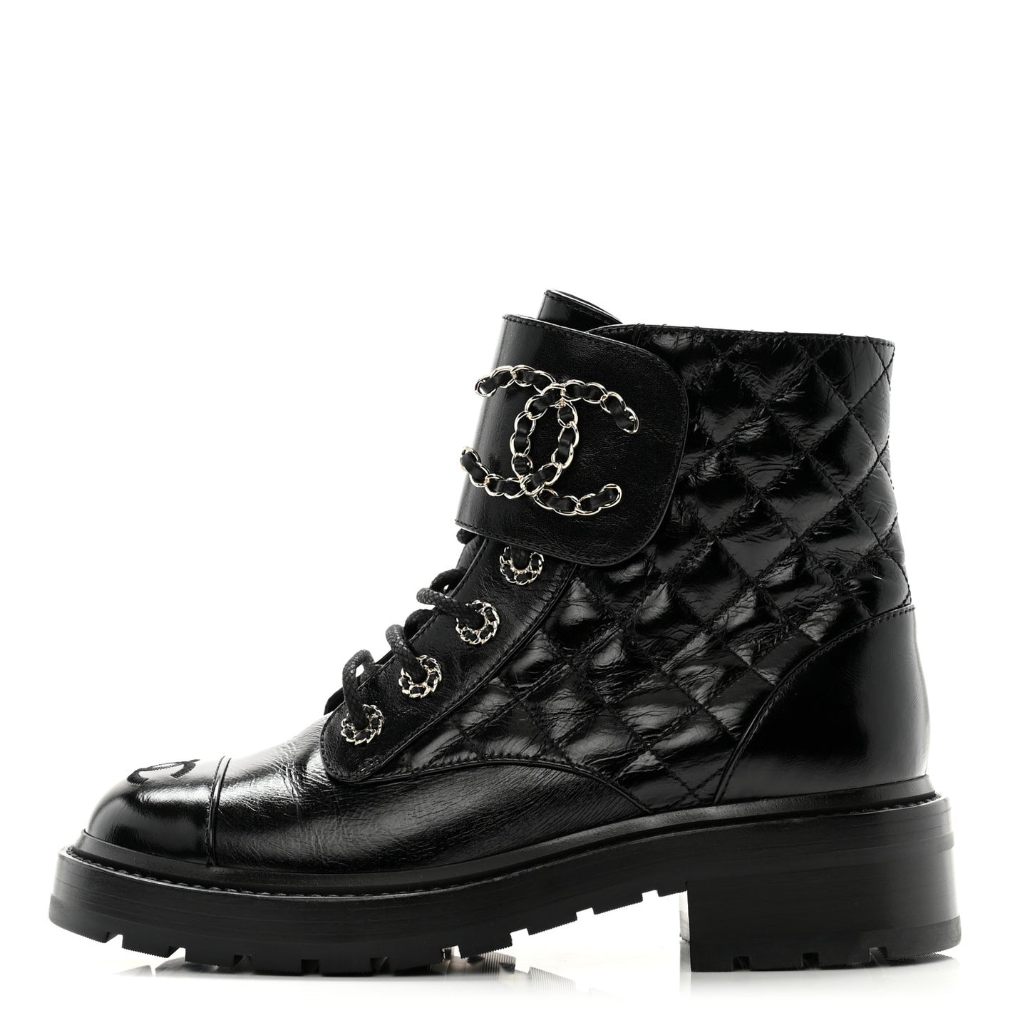 Shiny Calfskin Quilted Lace Up Combat Boots 37 Black