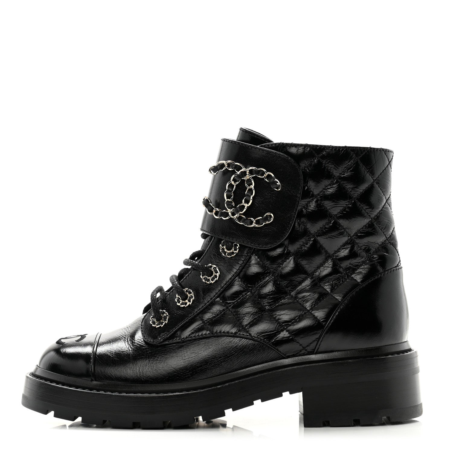Chanel Shiny Calfskin Quilted Lace Up Combat Boots 37 Black 1 of 12