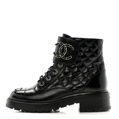 Chanel Shiny Calfskin Quilted Lace Up Combat Boots 37 Black 1 of 12
