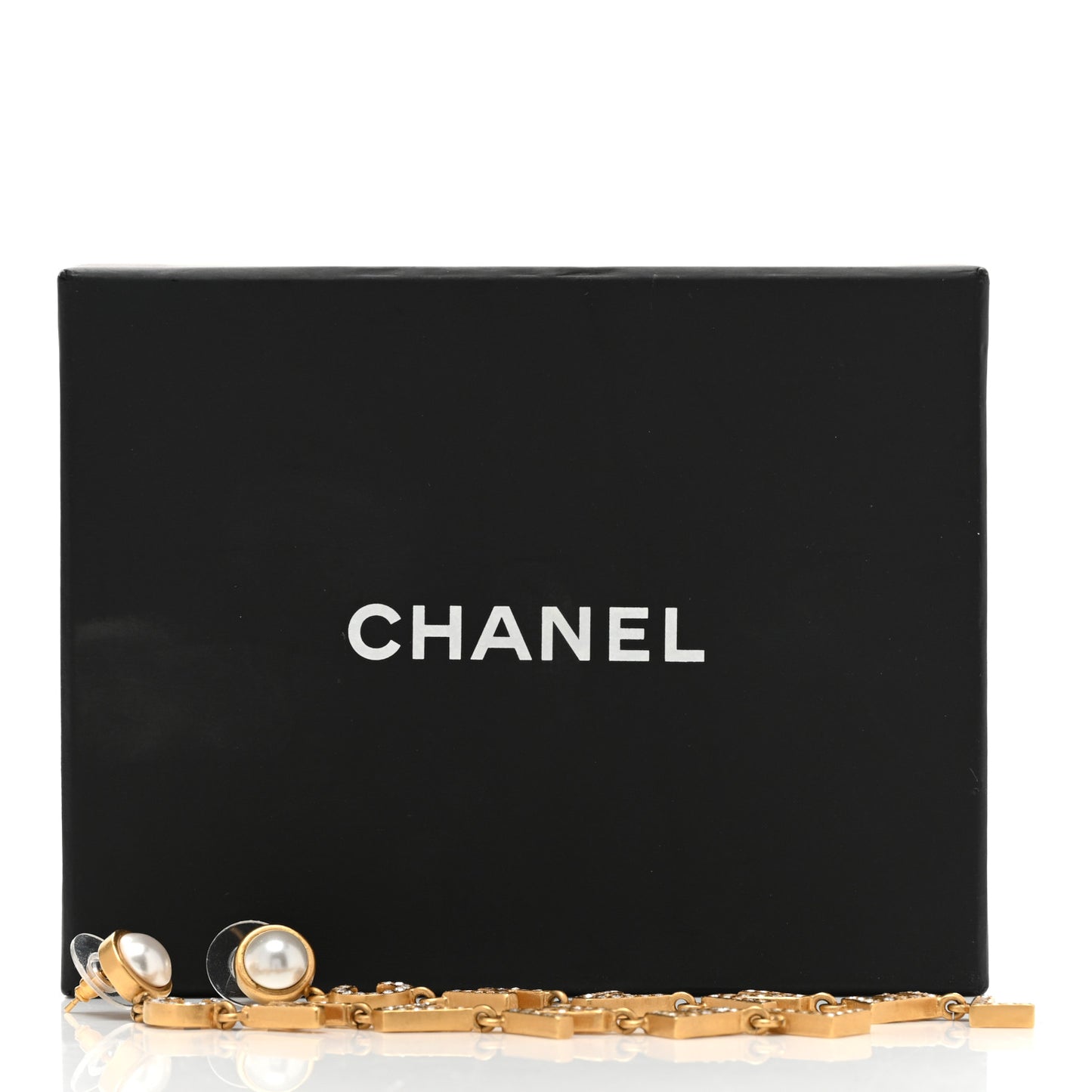 Crystal Pearl Logo Drop Earrings Gold