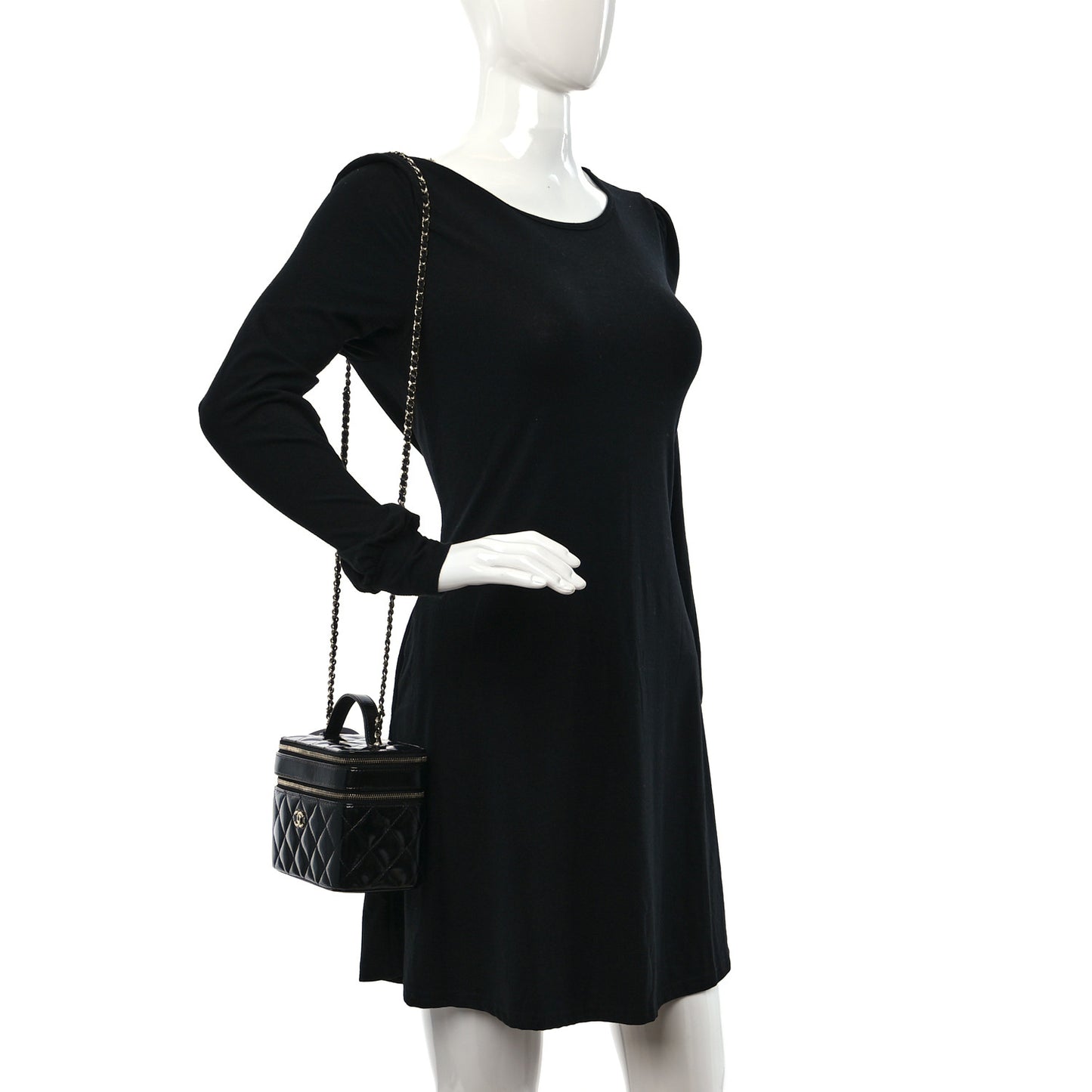 Shiny Lambskin Quilted Top Handle Vanity Case With Chain Black