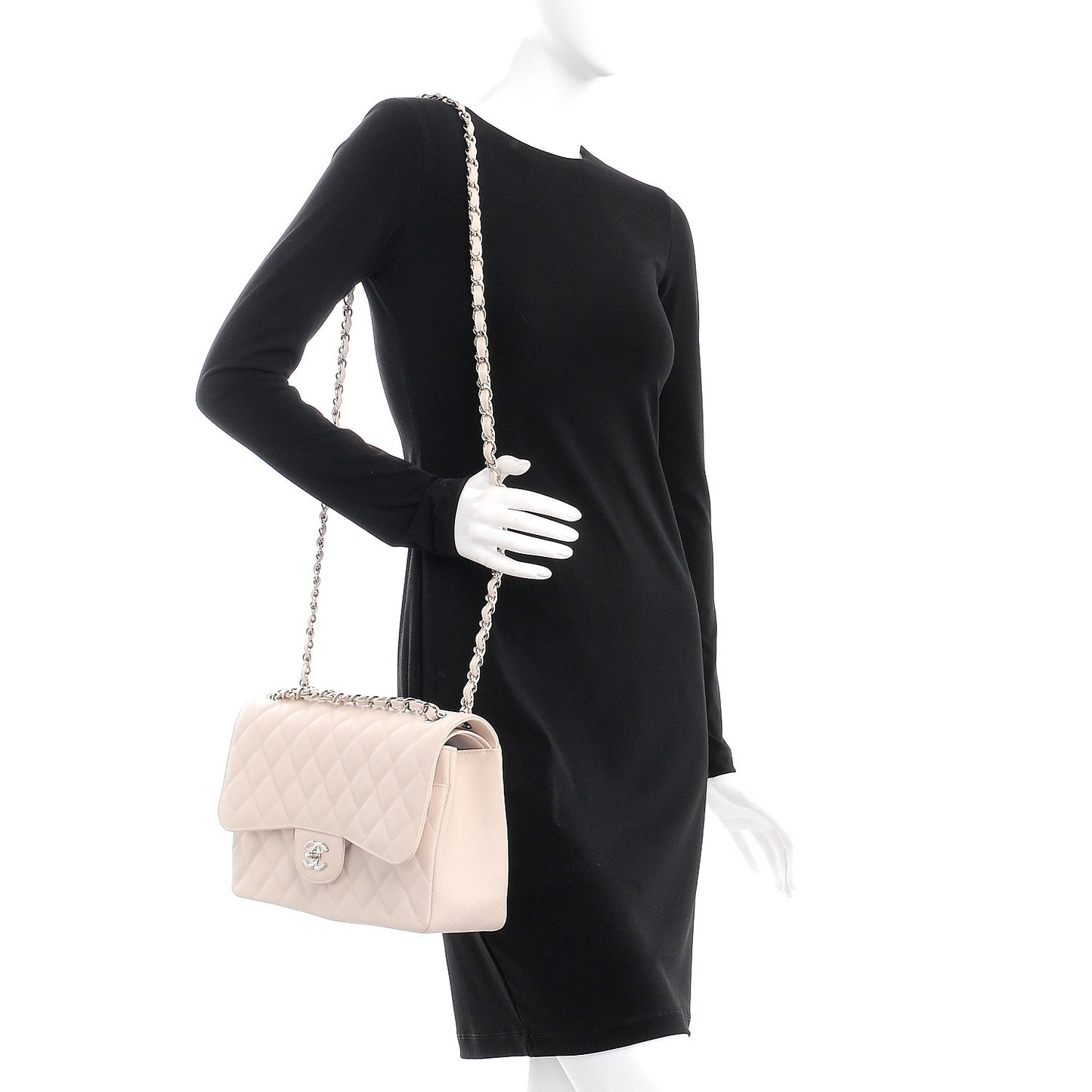 Caviar Quilted Jumbo Double Flap Light Beige