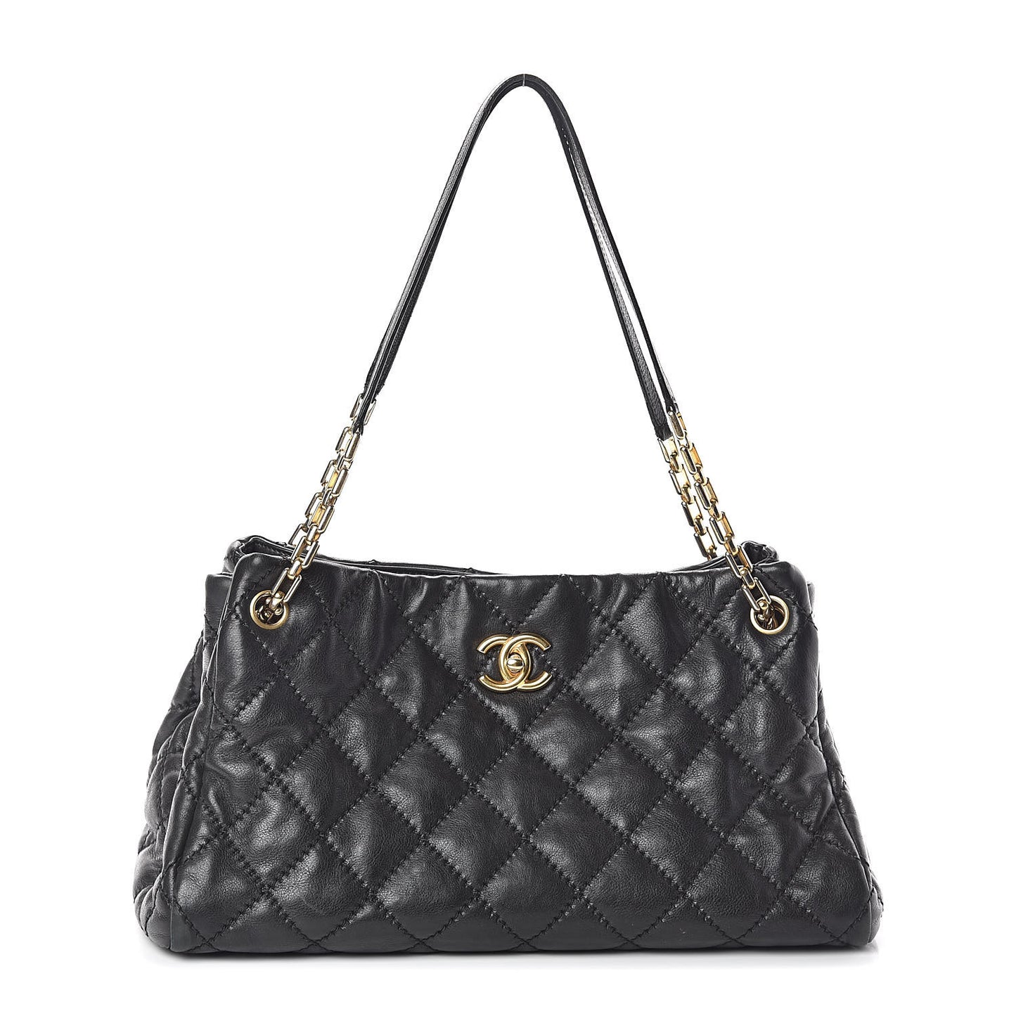 Calfskin Quilted Large Retro Chain Tote Black