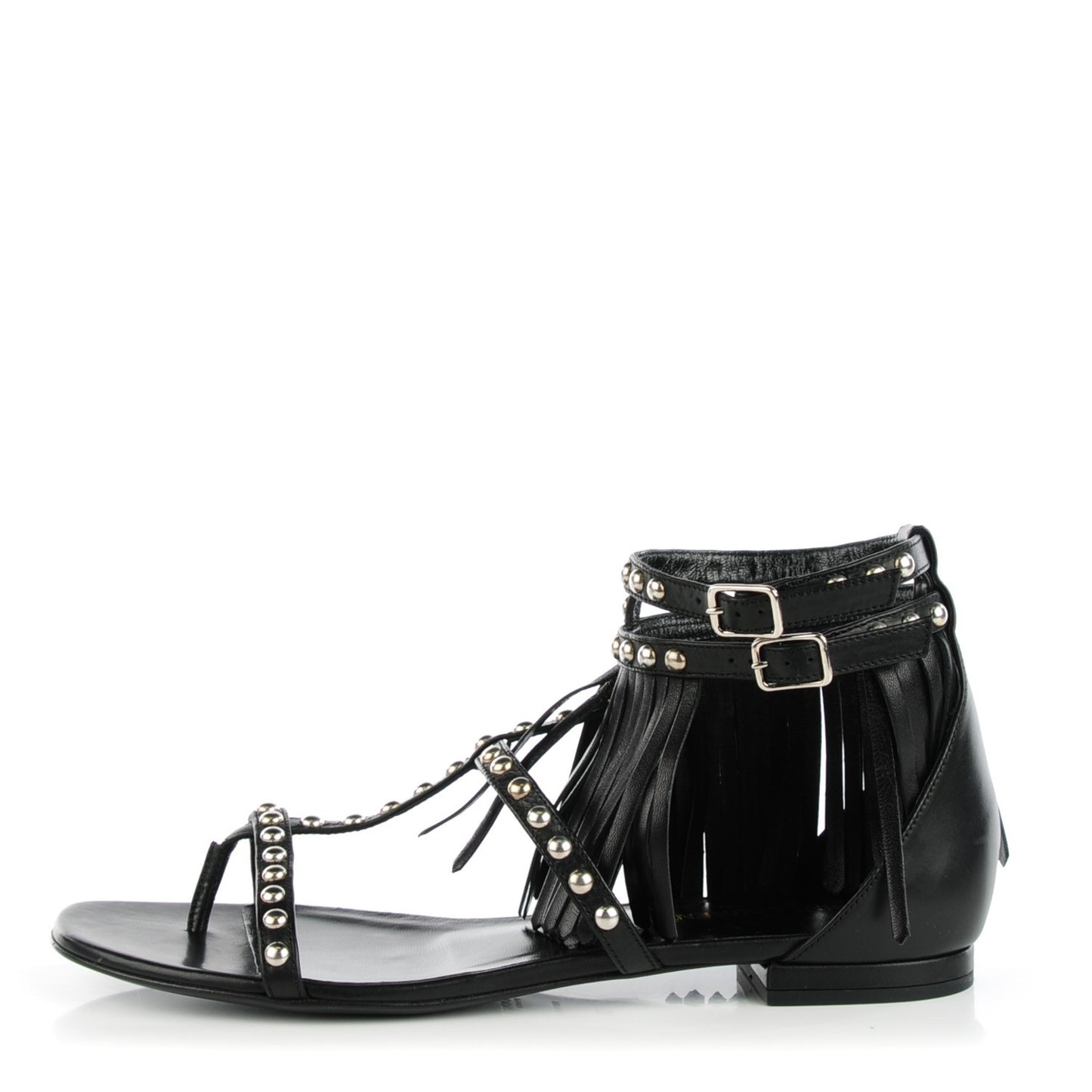 Calfskin Studded Fringe Cyuko Sandals 38 Black