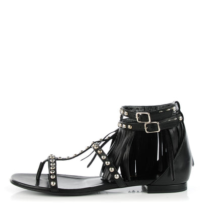 Saint Laurent Calfskin Studded Fringe Cyuko Sandals 38 Black 1 of 8
