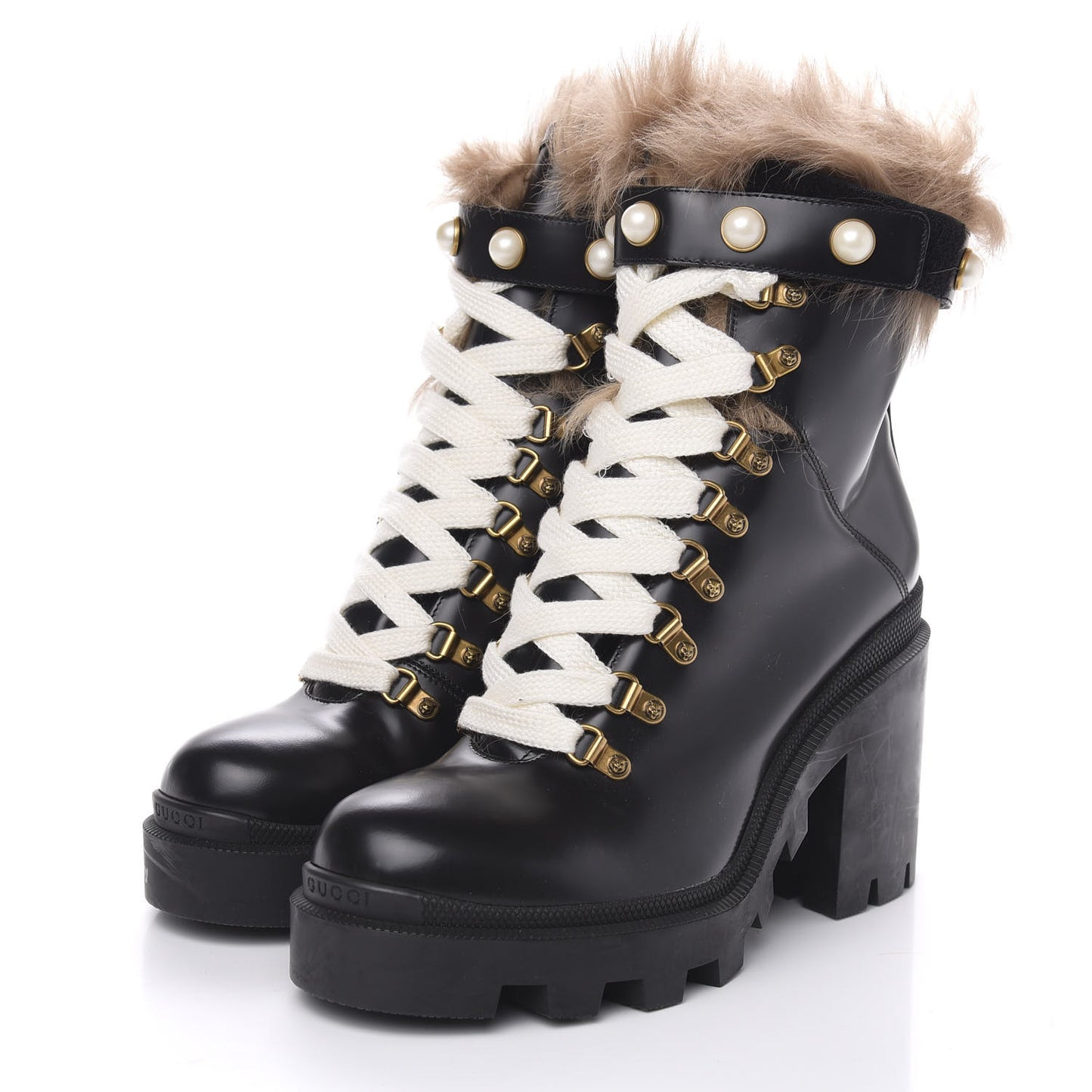Magnum Calfskin Fur Pearl Lace Up Combat Ankle Boots 40 Black Naturale