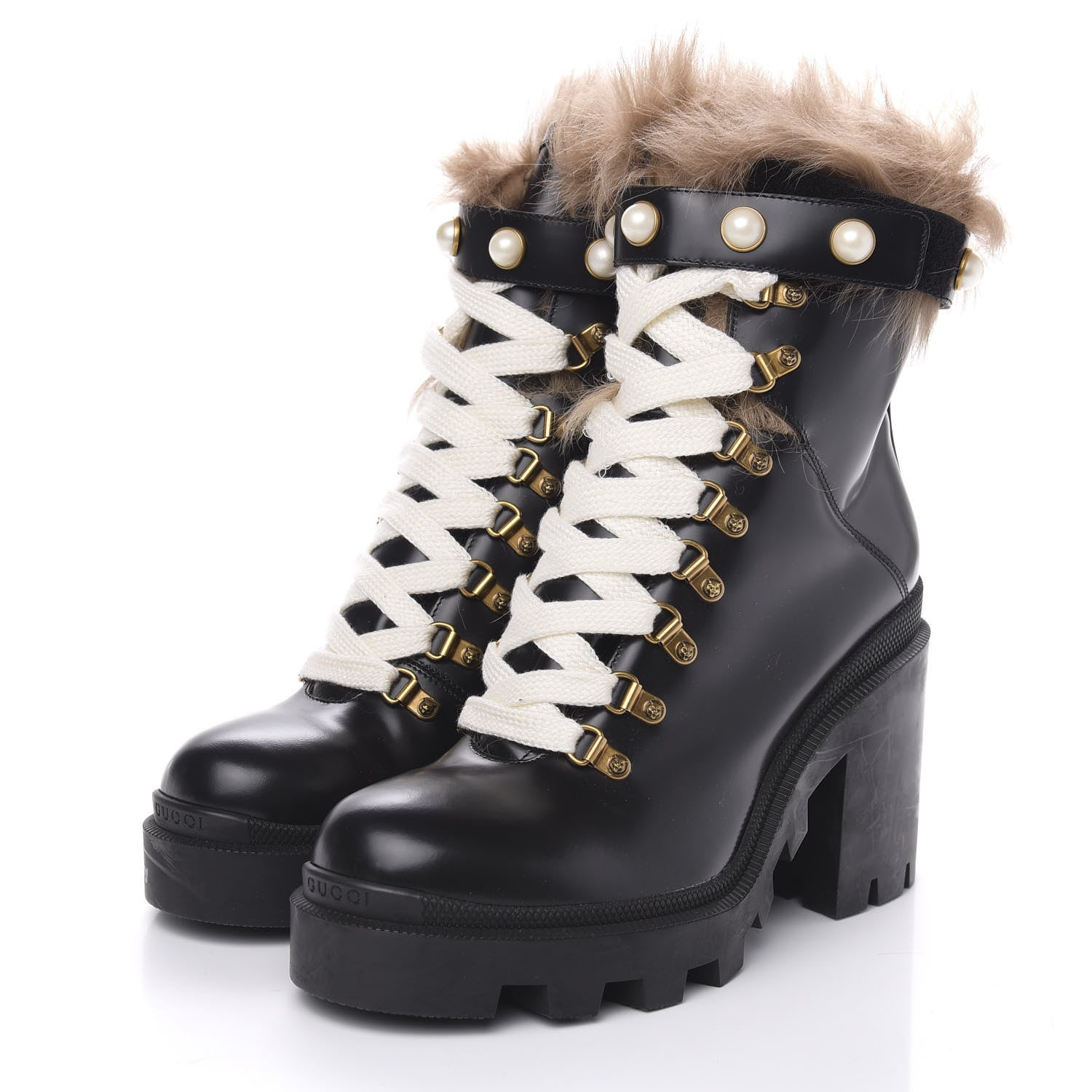 Gucci Magnum Calfskin Fur Pearl Lace Up Combat Ankle Boots 40 Black Naturale 3 of 7