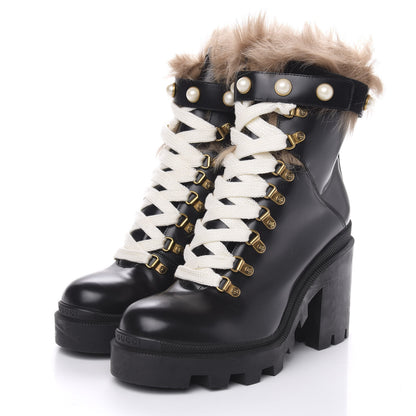 Gucci Magnum Calfskin Fur Pearl Lace Up Combat Ankle Boots 40 Black Naturale 3 of 7