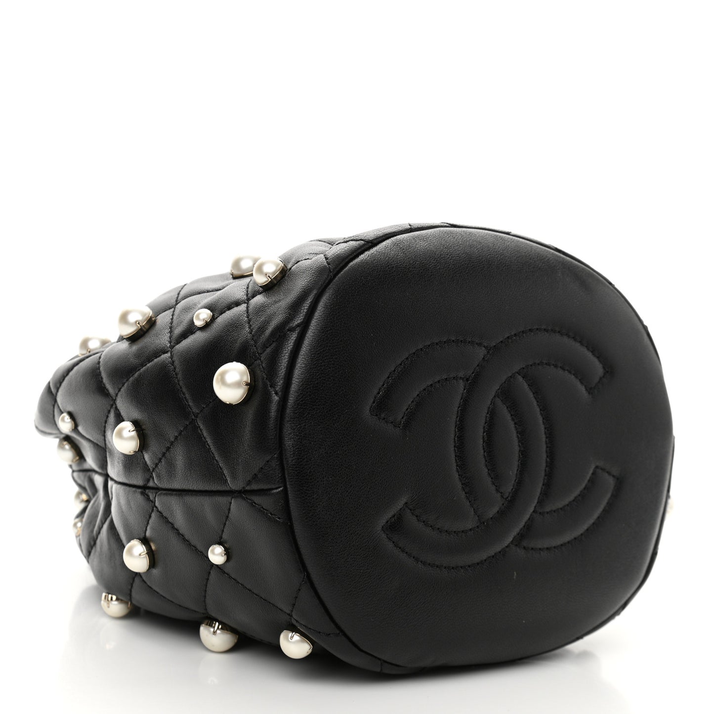 Lambskin Quilted Pearl About Pearls Drawstring Bag Black