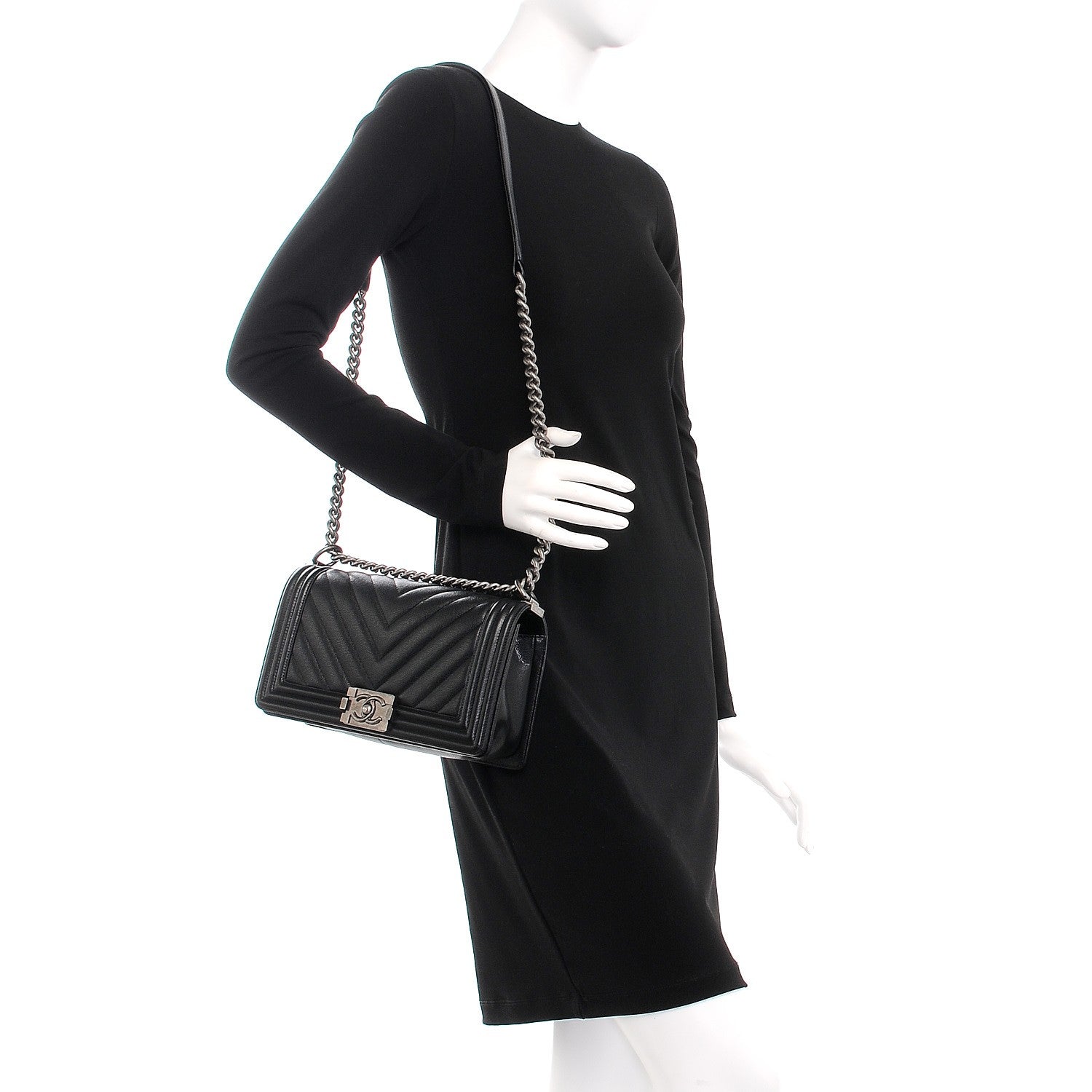 Chanel Caviar Chevron Quilted Medium Boy Flap Black 2 of 8