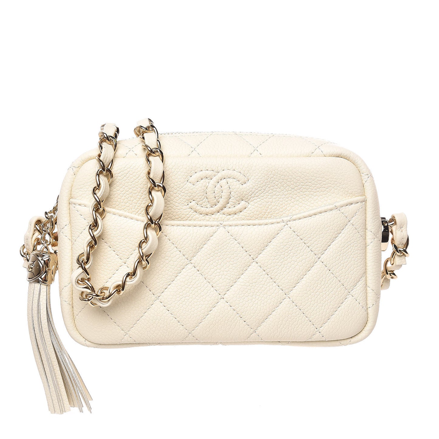Caviar Quilted Mini Coco Tassel Camera Case White