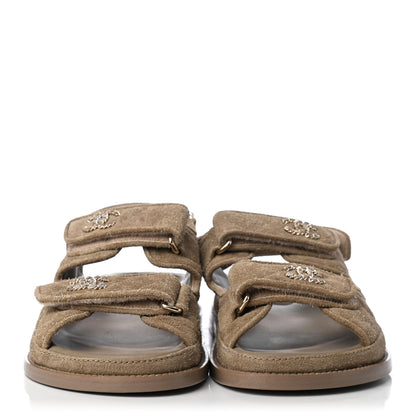 Chanel Suede Calfskin Velcro Dad Sandals 36 Beige 2 of 9
